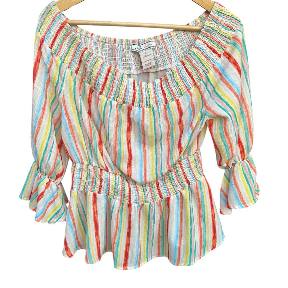 Flying Tomato Smocked Shirt Pastel Stripe Top Off Shoulder Sz. Large